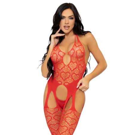 LEG AVENUE - ONE SIZE NET BODYSTOCKING MET BANDJES - ROOD