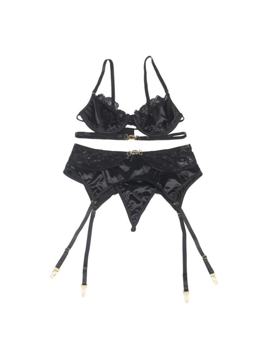 SUBBLIME - 3-DELIGE SET BH + TRANG + KOUSENBAND ZWART KANT S/M