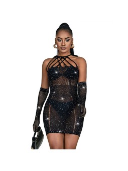 SUBBLIME - 952235 FISHNET DRESS WITH RHINESTONES BLACK ONE SIZE
