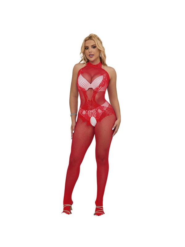 SUBBLIME - 952372 FISHNET AND LACE CROTCHLESS BODYSTOCKING WITH HIGH N