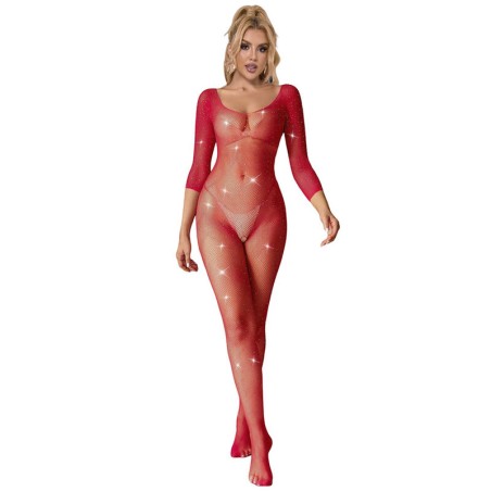 SUBBLIME - 952419 NETZ-BODYSTOCKING MIT DIAMANTEN, LANGE ÄRMEL, ROT, X