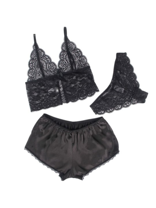 SUBBLIME - 953928 CAMICIA DA NOTTE IN SETA E PIZZO + SLIP NERO L/XL