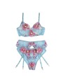 SUBBLIME - 954109 BRA + PANTIES WITH GARTER BELT FLORAL DESIGN BLUE S/