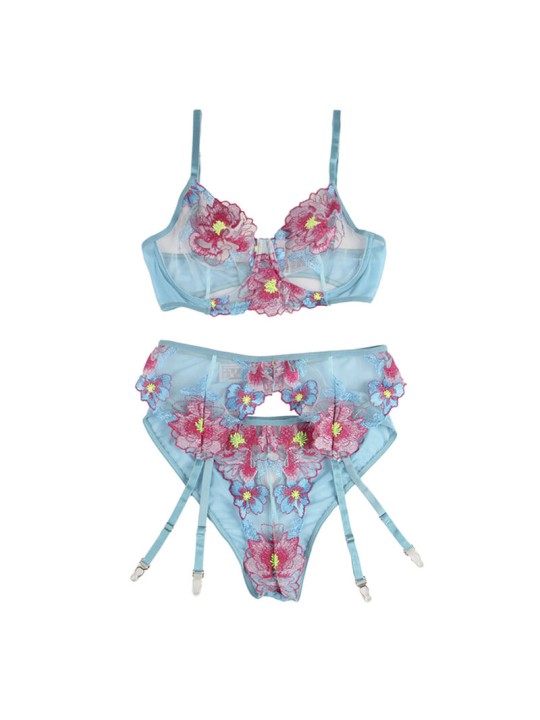 SUBBLIME - 954116 BH + HÖSCHEN MIT STRUMPFGÜRTEL BLUMENDESIGN BLAU L/X
