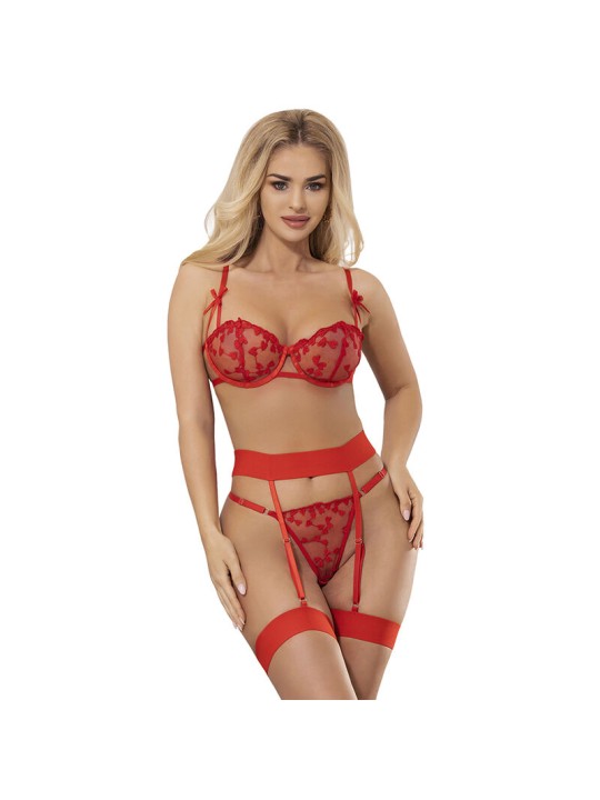 SUBBLIME - 954338 HEART PRINT BRA + THONG + GARTER BELT RED L/XL