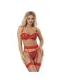 SUBBLIME - 954338 HEART PRINT BRA + THONG + GARTER BELT RED L/XL