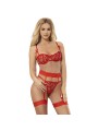 SUBBLIME - 954338 HEART PRINT BRA + THONG + GARTER BELT RED L/XL