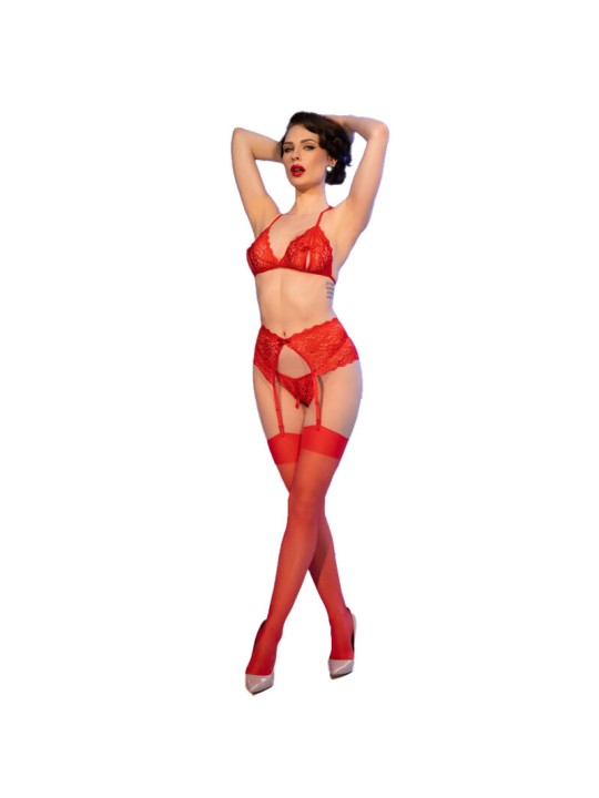 CHILIROSE - CR 4848 CONJUNTO DE SUTIÃ DE RENDA VERMELHA + TANGA + MEIA