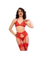CHILIROSE - CR 4848 RED LACE BRA + THONG + STOCKINGS SET M
