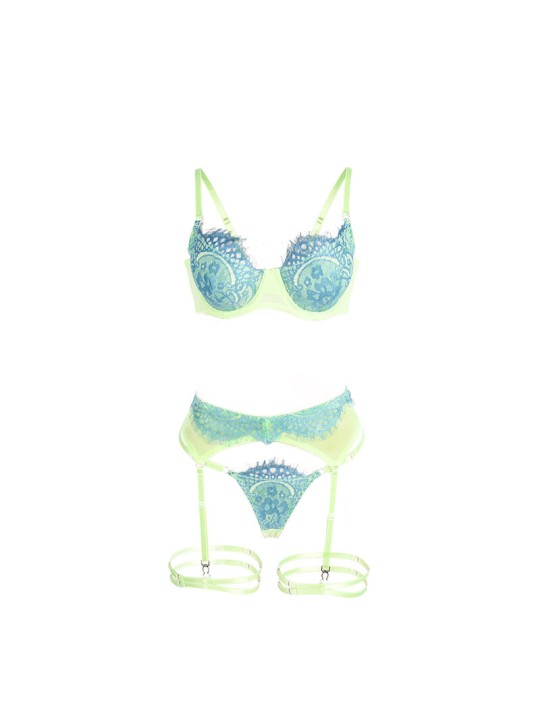 SUBBLIME - 955328 SET SUJETADOR CON ENCAJE Y LIGUEROS VERDE Y AZUL L/X