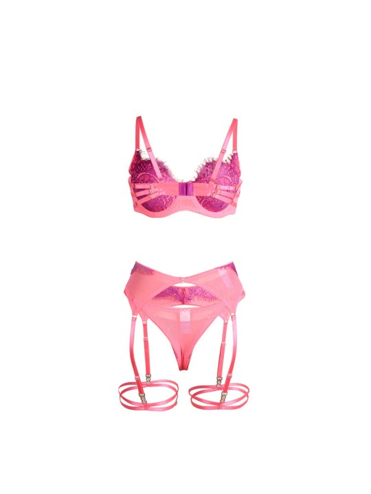 SUBBLIME - 955366 CONJUNTO DE SUTIÃ COM RENDA E LIGAS ROSA E ROXO L/XL