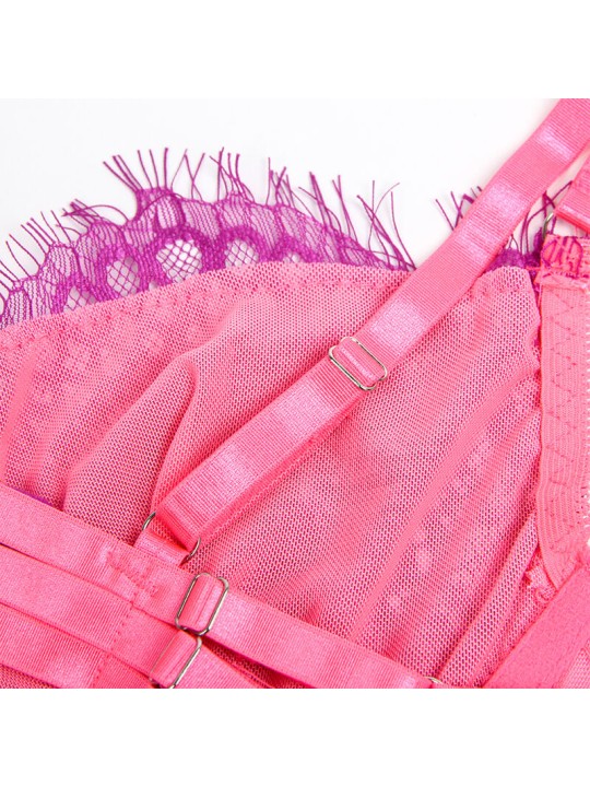 SUBBLIME - 955366 CONJUNTO DE SUTIÃ COM RENDA E LIGAS ROSA E ROXO L/XL