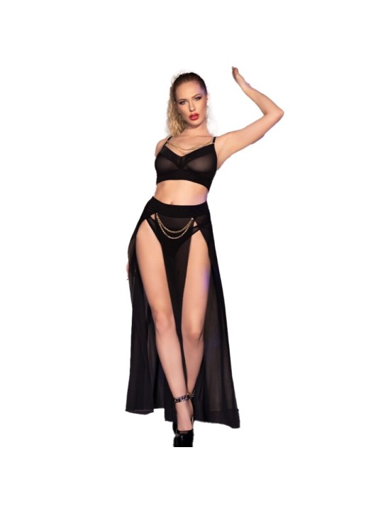 CHILIROSE - CR 4672 TOP NEGRO FALDA Y TANGA CON CADENAS DORADAS L