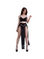 CHILIROSE - CR 4672 TOP NEGRO FALDA Y TANGA CON CADENAS DORADAS L