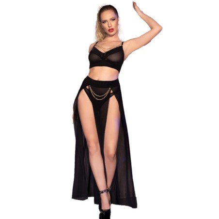 CHILIROSE - CR 4672 ZWARTE TOP, ROK EN TRIM MET GOUDEN KETTINGEN XL