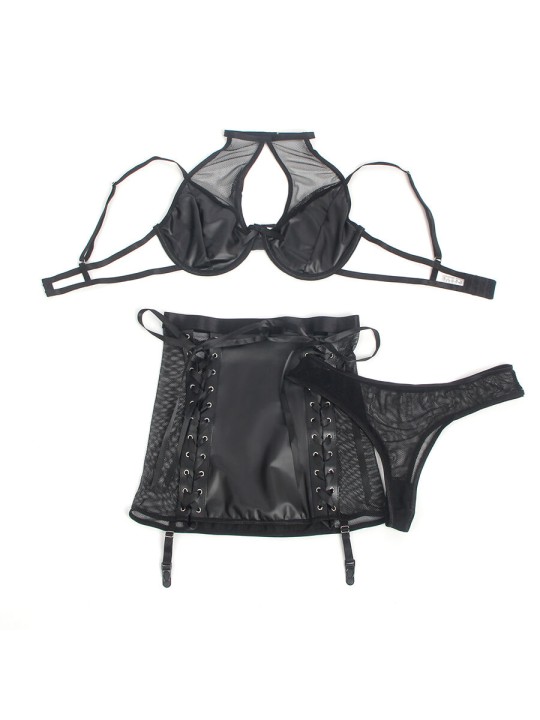 SUBBLIME - 957582 LEDEREN BH EN ROK SET ZWART S/M