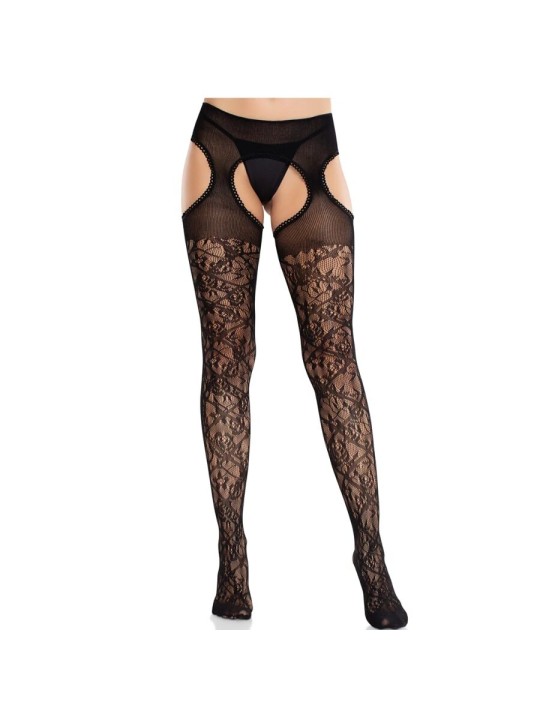 LEG AVENUE - BAS EN DENTELLE FLORALE AVEC JARRETELLES UNITED BLACK