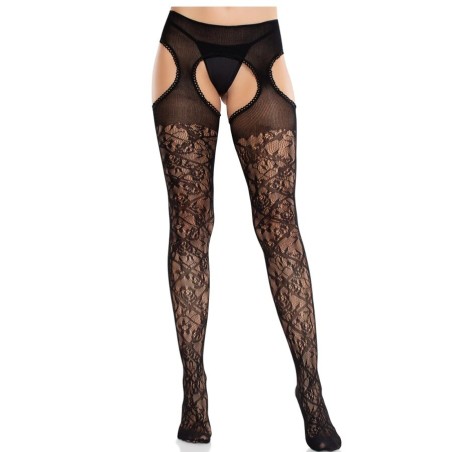 LEG AVENUE - KANTEN KOUSEN MET BLOEMEN EN KOUSENBANDEN UNITED BLACK