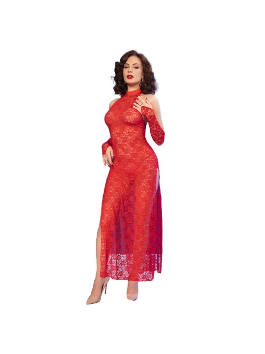 CHILIROSE - CR 4853 VESTIDO DE RENDA VERMELHO COM LUVAS P/M