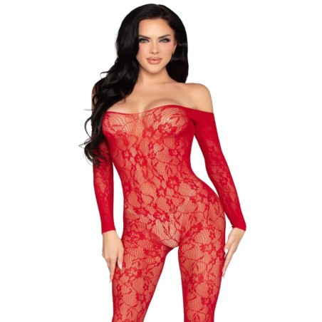 LEG AVENUE - 89366 BODYSTOCKING DE LENCERÍA DE ENCAJE ROJO - TALLA ÚNI