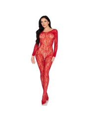 LEG AVENUE - 89366 BODYSTOCKING DE LENCERÍA DE ENCAJE ROJO - TALLA ÚNI