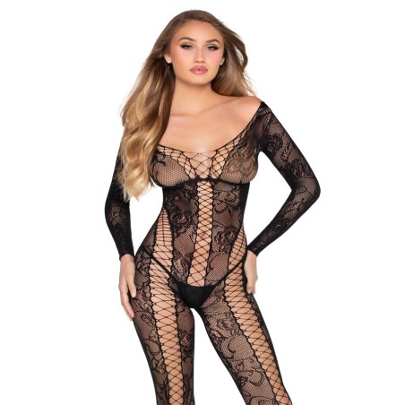 LEG AVENUE - 89369 COMBINAISON EN RÉSILLE ET DENTELLE NOIRE - TAILLE U