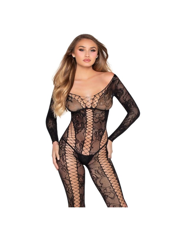 LEG AVENUE - 89369 NET & LACE JUMPSUIT ZWART - ONE SIZE