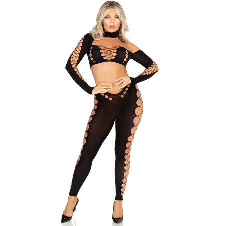 LEG AVENUE - CROP TOP EN LEGGINGS CUT-OUT NAADLOOS ZWART