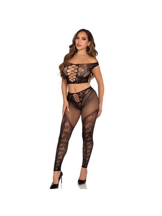 LEG AVENUE - CROP TOP EN VISNETLEGGING MET BLOTE SCHOUDERS ZWART