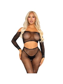 LEG AVENUE - TOP CROP E LEGGING DE REDE COM STRINHOS PRETO