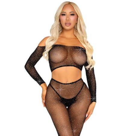 LEG AVENUE - CROP TOP EN NETLEGGING MET STRASS ZWART