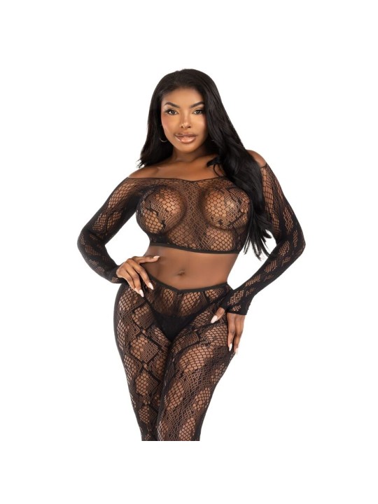 LEG AVENUE - 89373 PYTHON CROP TOP & FOOTLESS TIGHTS BLACK - ONE SIZE