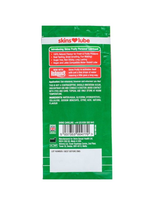 SKINS - LUBRIFIANT FRUITÉ À BASE D'EAU PARFUM PASTÈQUE DOSE UNIQUE 5 M