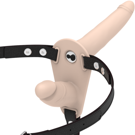 FETISH SUBMISSIVE HARNESS - DUBBELE PENETRATIE VLEES-OMHOOG VIBRATOR